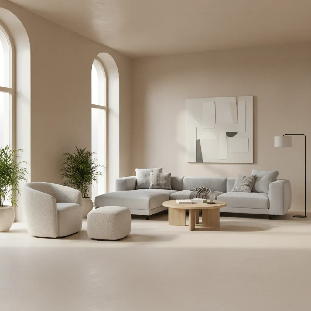 Salón contemporáneo con suelo continuo de microcemento