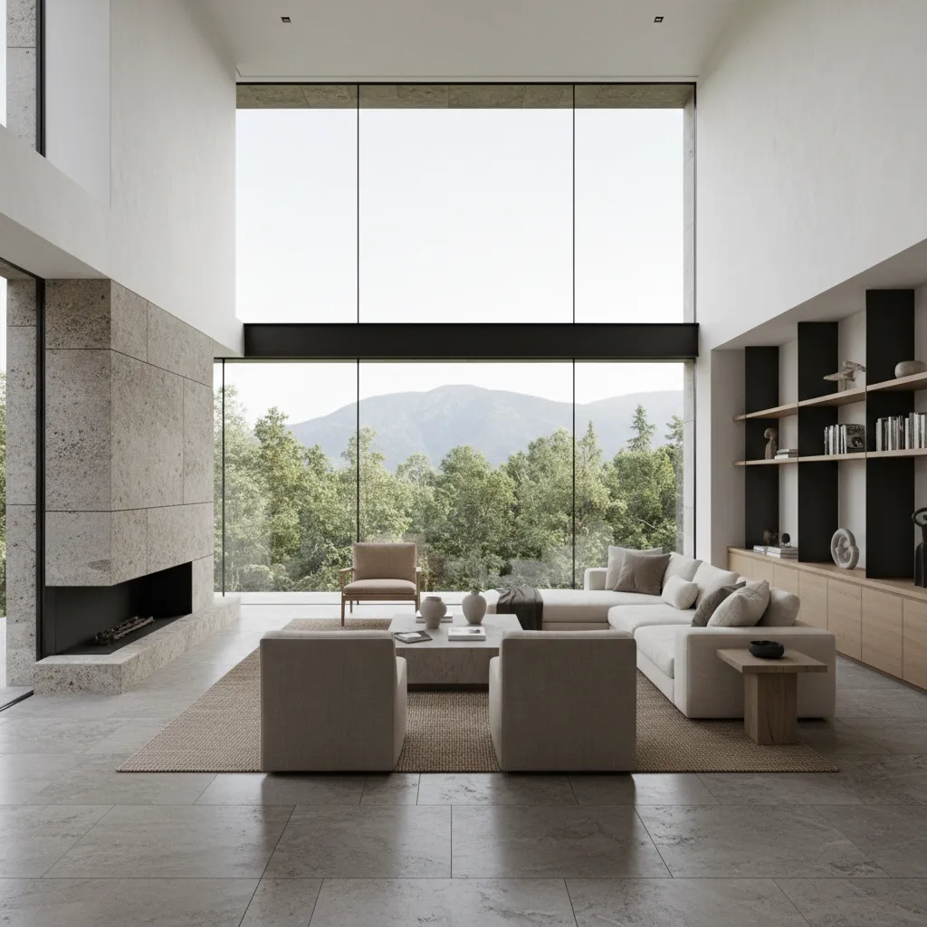 Suelo de piedra natural en un salón contemporáneo