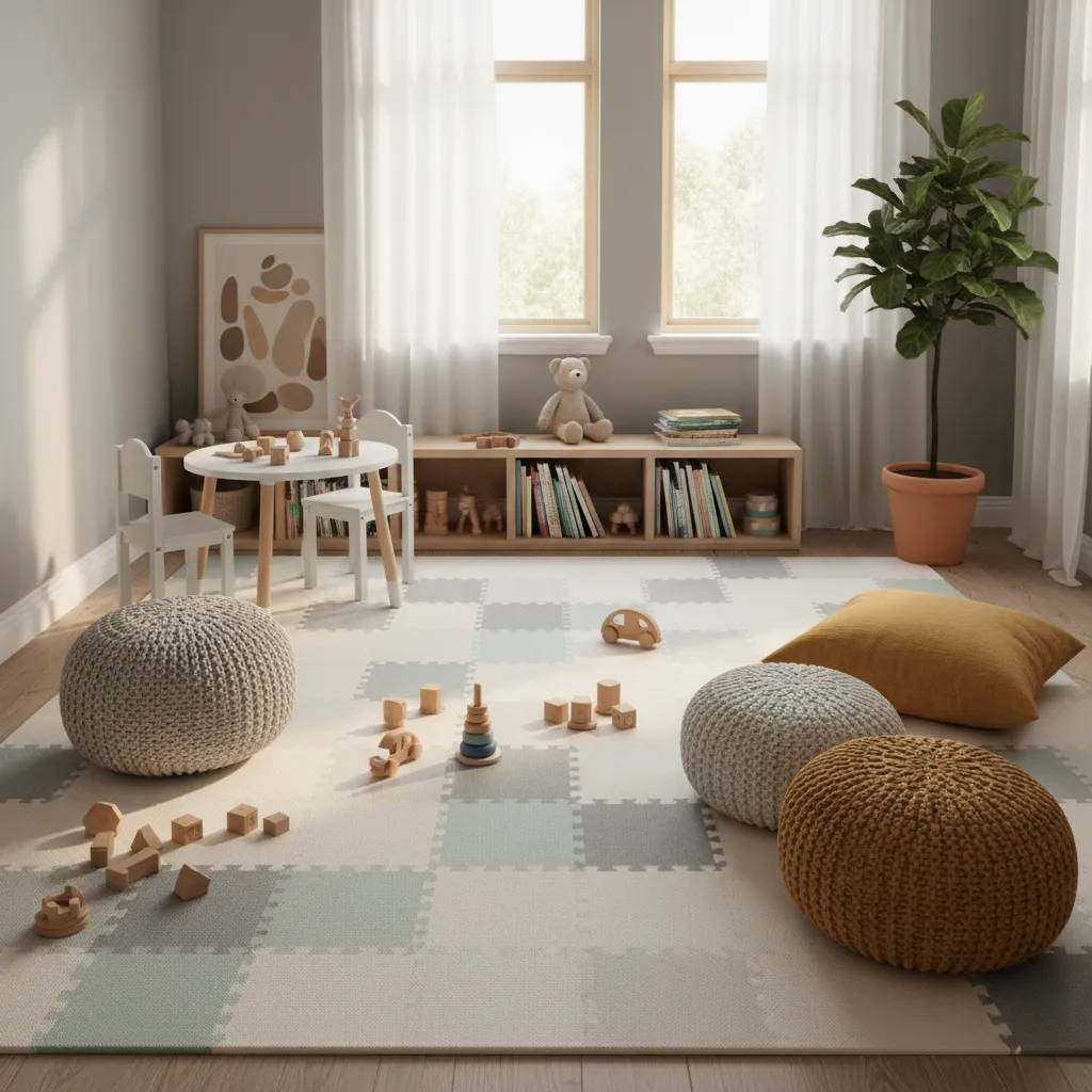 Bright children playroom with soft floor mats wooden toys small white table and natural light