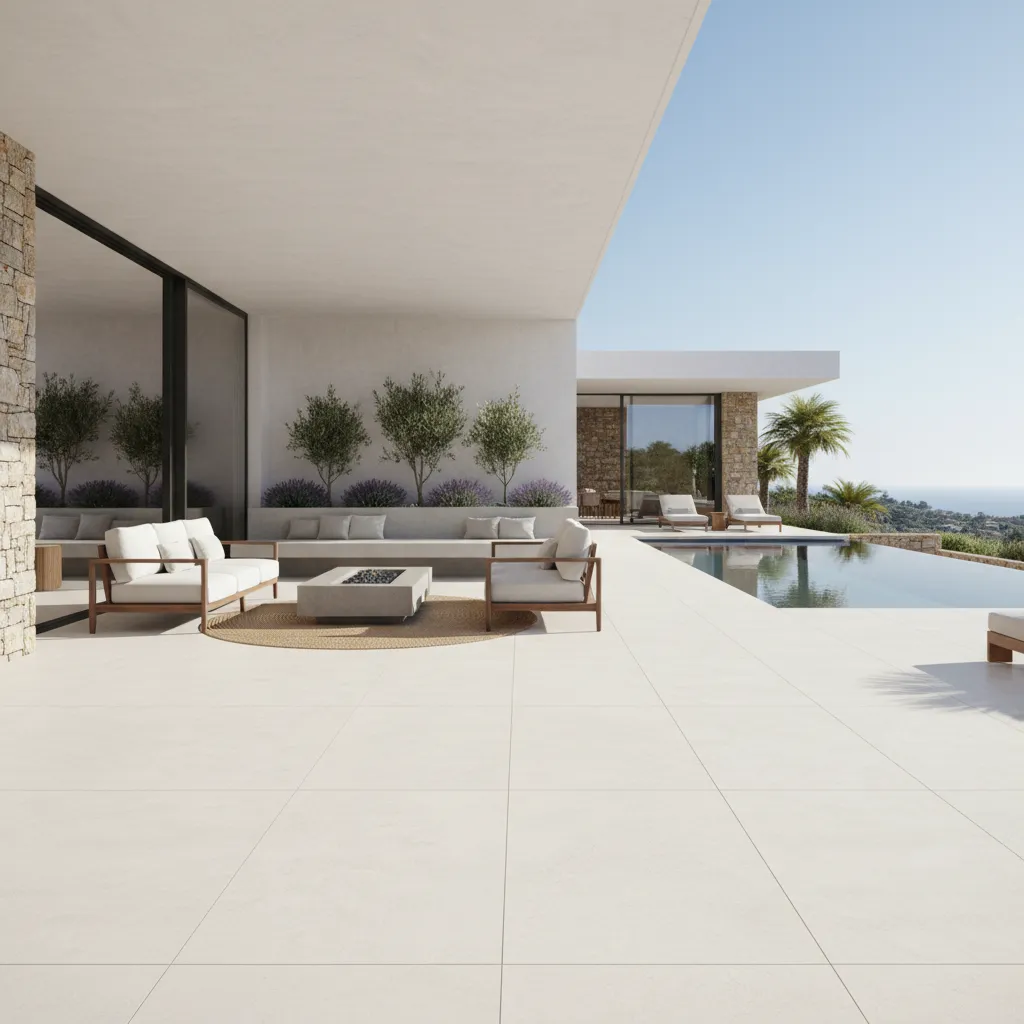 Minimalist white patio with stone tiles, outdoor sofas, fire pit, swimming pool, and blue sea