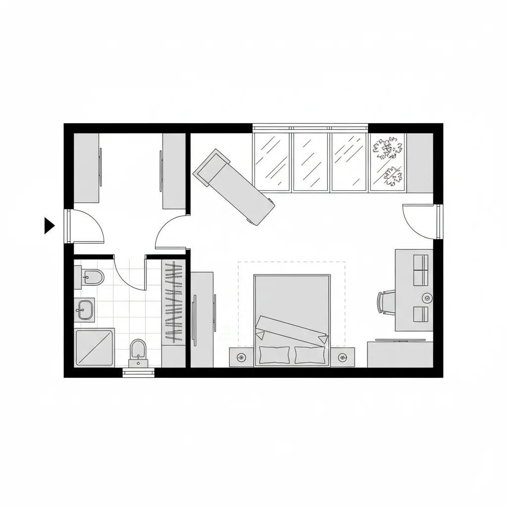 Top-down CAD plan of a looped primary suite micro-studio