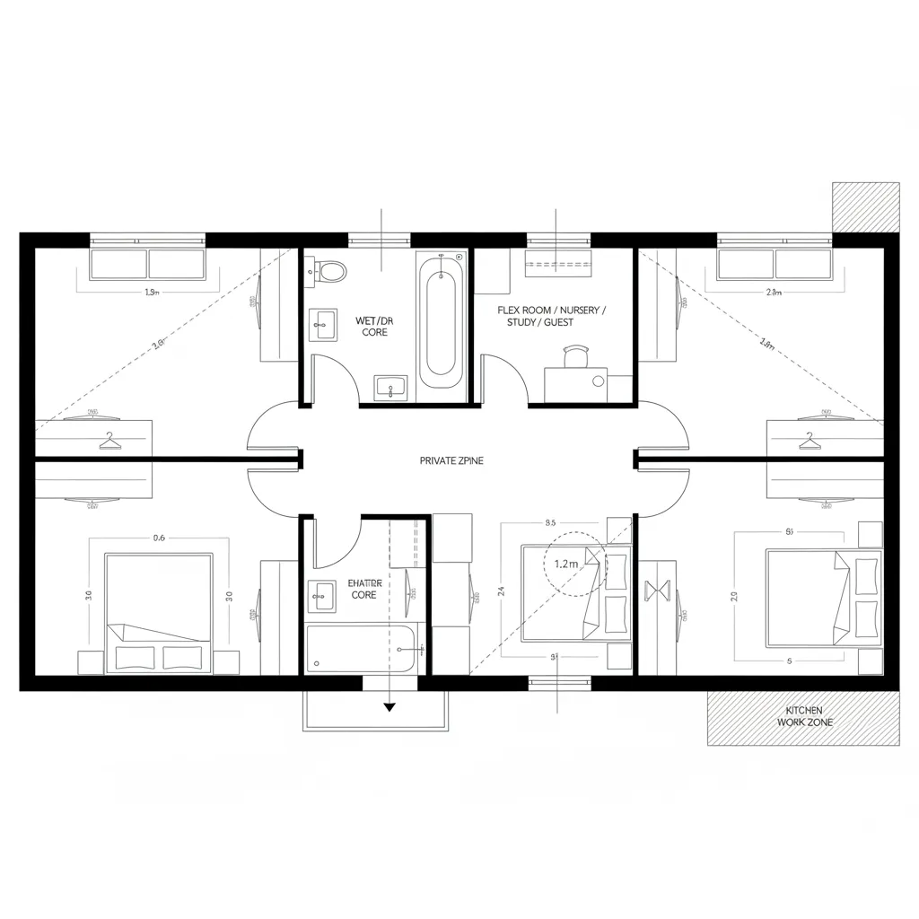 Top-down CAD plan of a primary suite cluster with an adaptable flex room