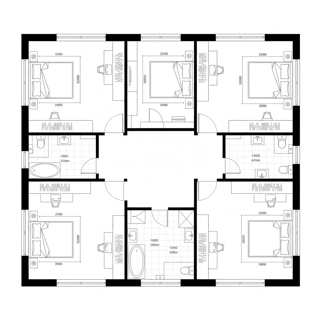 Top-down CAD plan of five autonomous bedroom suites with wardrobes, desks, and ensuite baths.