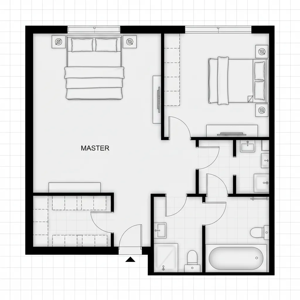 Plano de distribución de una suite con dormitorio, vestidor y baño