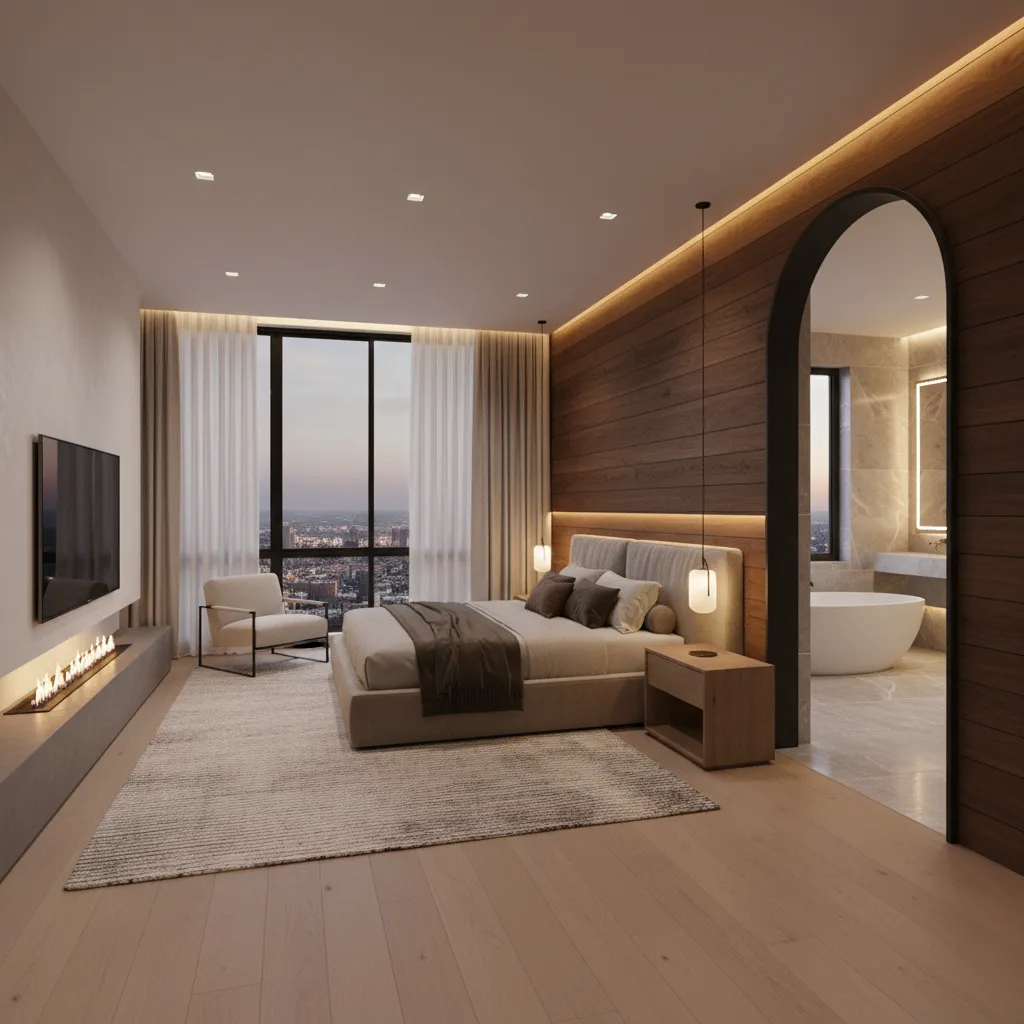 suíte principal moderna com banheiro privativo