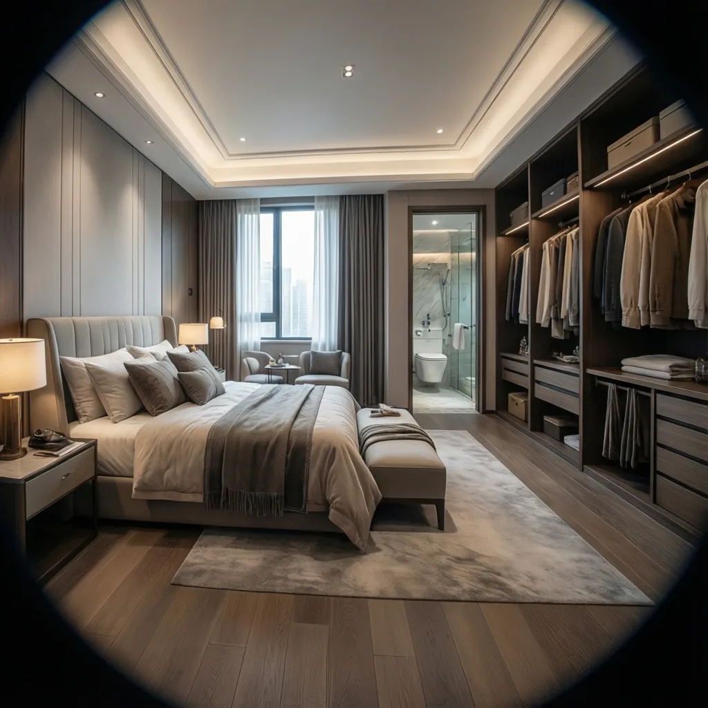 Modern master bedroom with large bed wood floor open clothes closet and a bathroom view