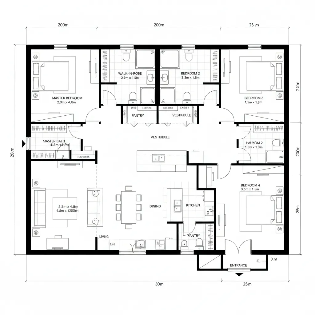 Top-down CAD plan of two bedroom quadrants with shared vestibules and bathrooms