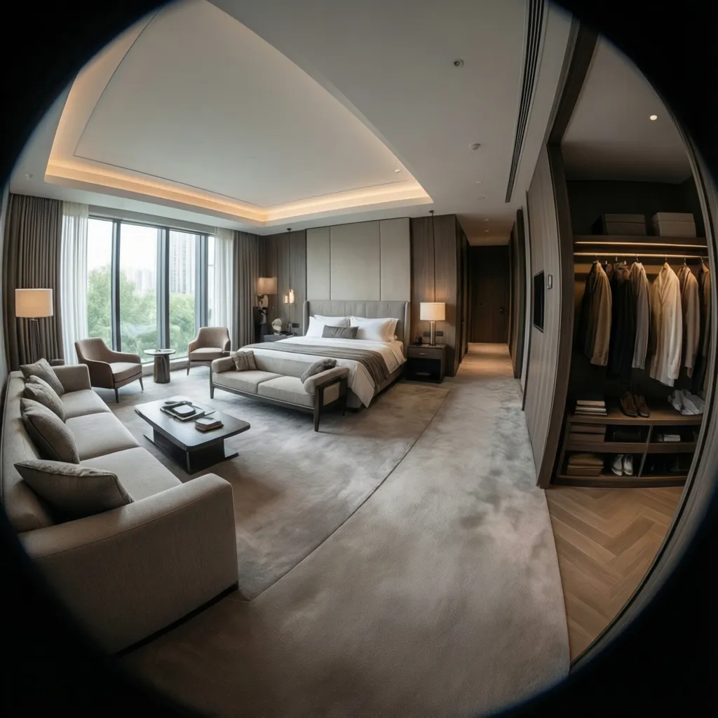 Luxury suite style master bedroom layout with bed zone lounge zone and walkway