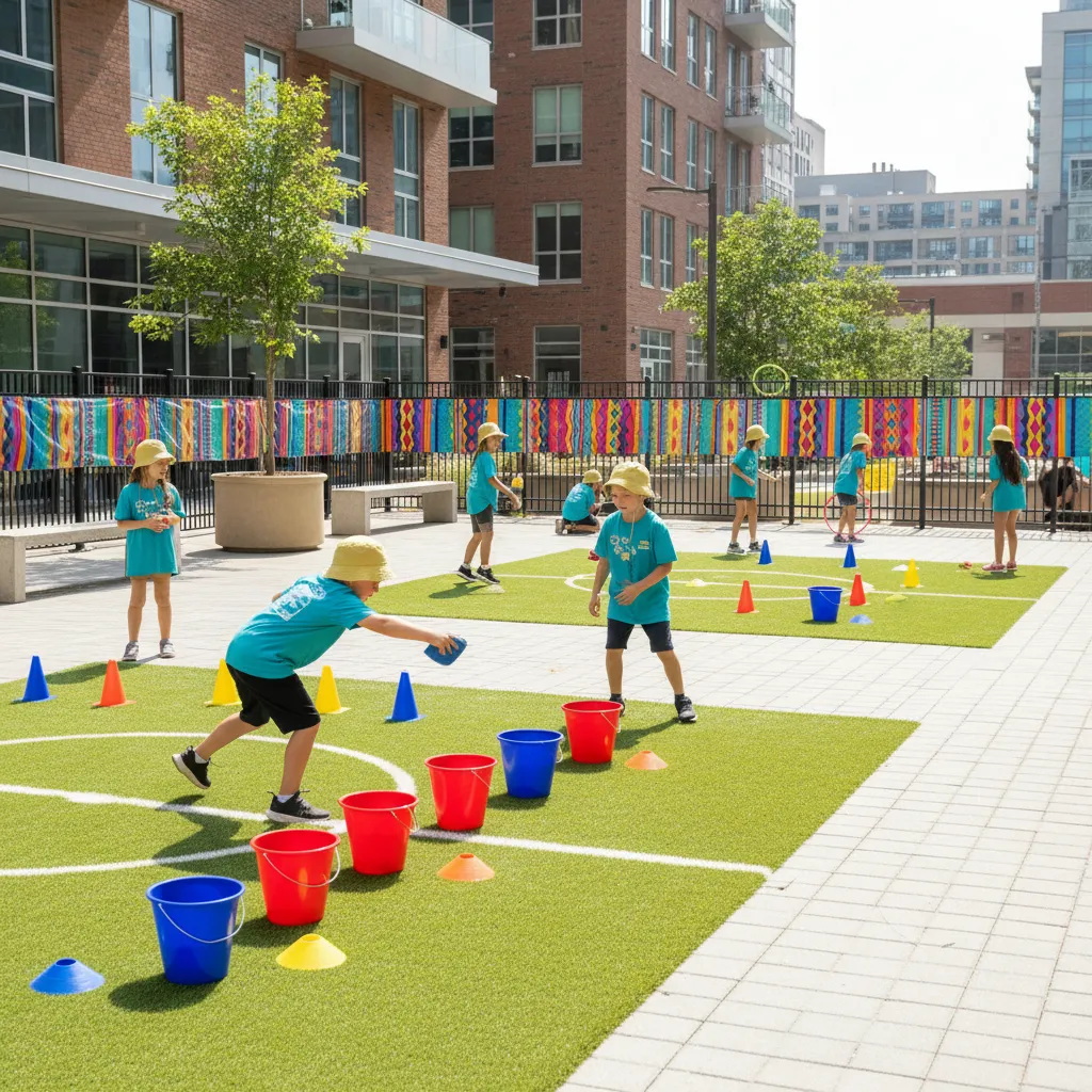 Urban summer camp kids playing bucket toss and relay games in a small outdoor area