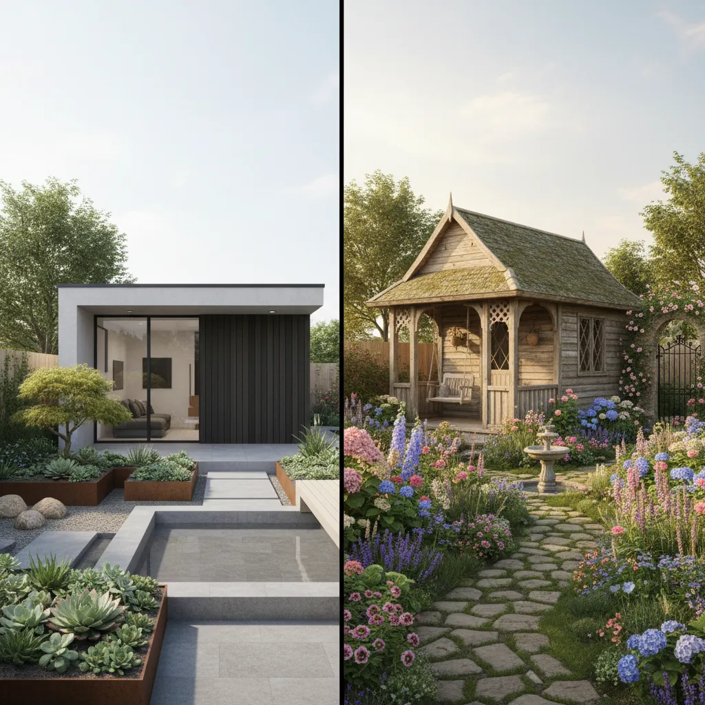 Comparison of summer house placement in small urban garden versus cottage garden
