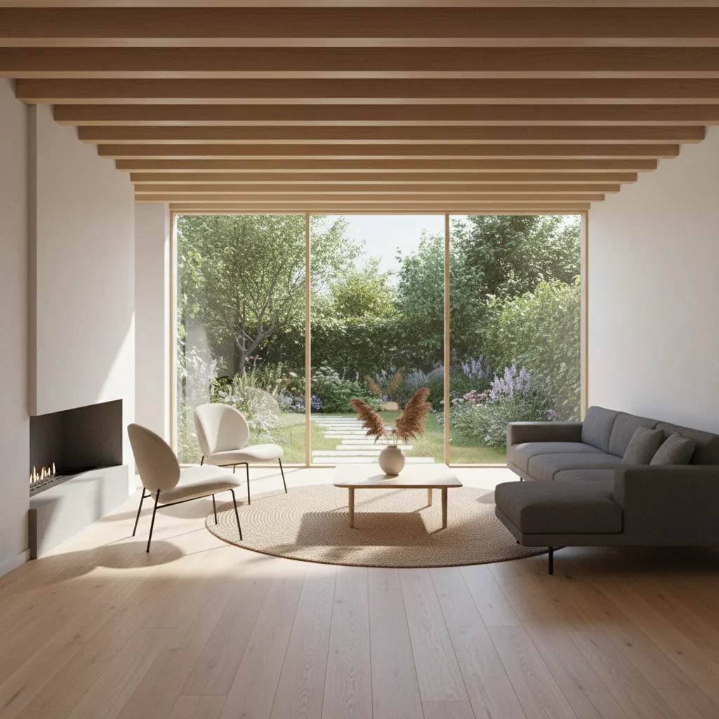 Interior of modern summer house showing open plan layout and garden view