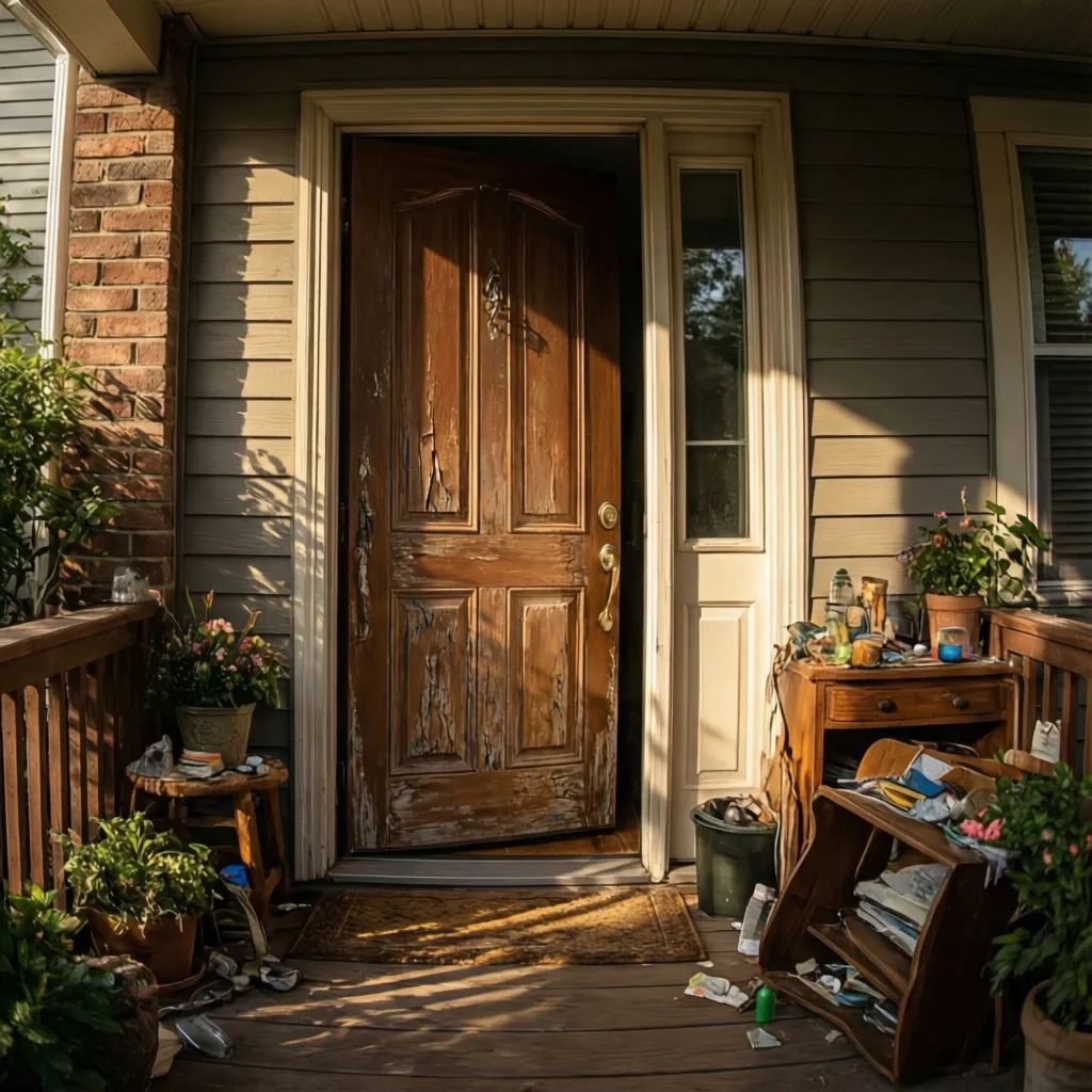 Front door exposed to strong sunlight showing paint wear