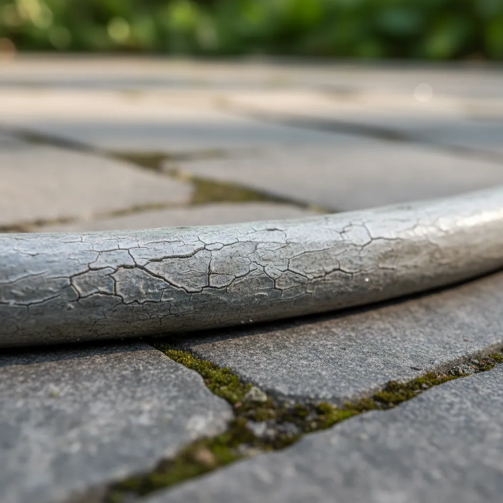 Weathered grey garden hose with surface cracks from sunlight