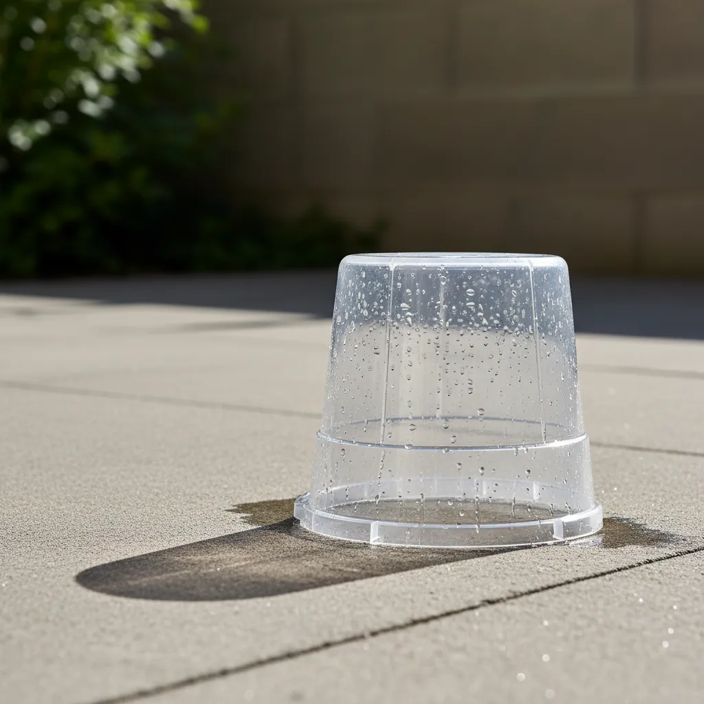 Clean plastic bucket drying in sunlight after washing