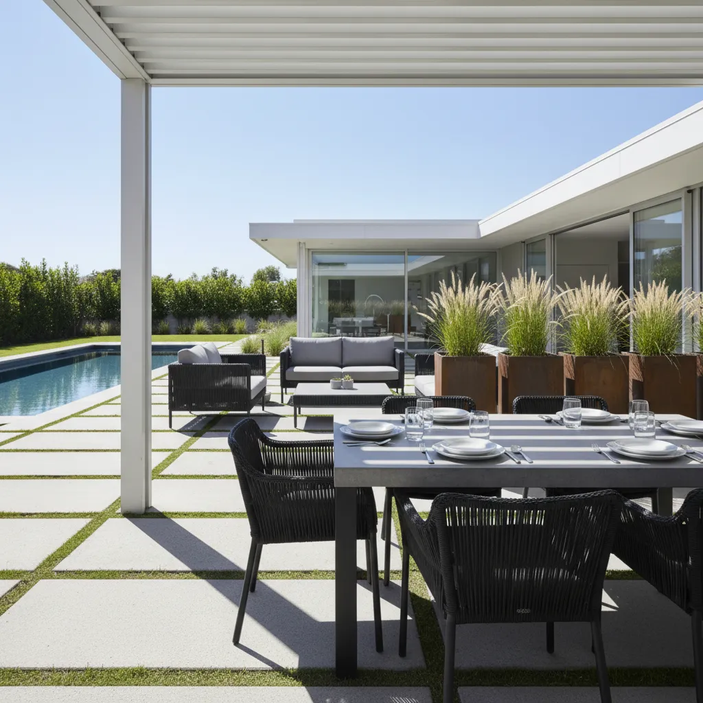 Black wicker outdoor dining chairs exposed to sunlight on patio