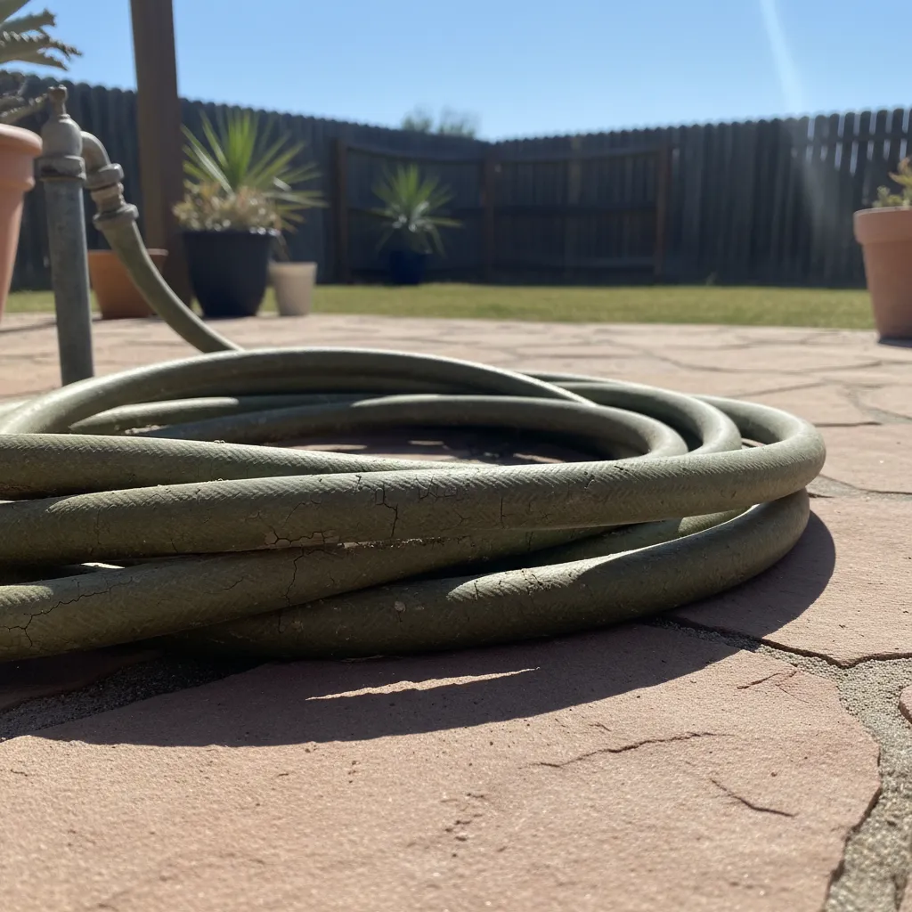 Garden hose lying in strong sunlight showing early UV damage and fading