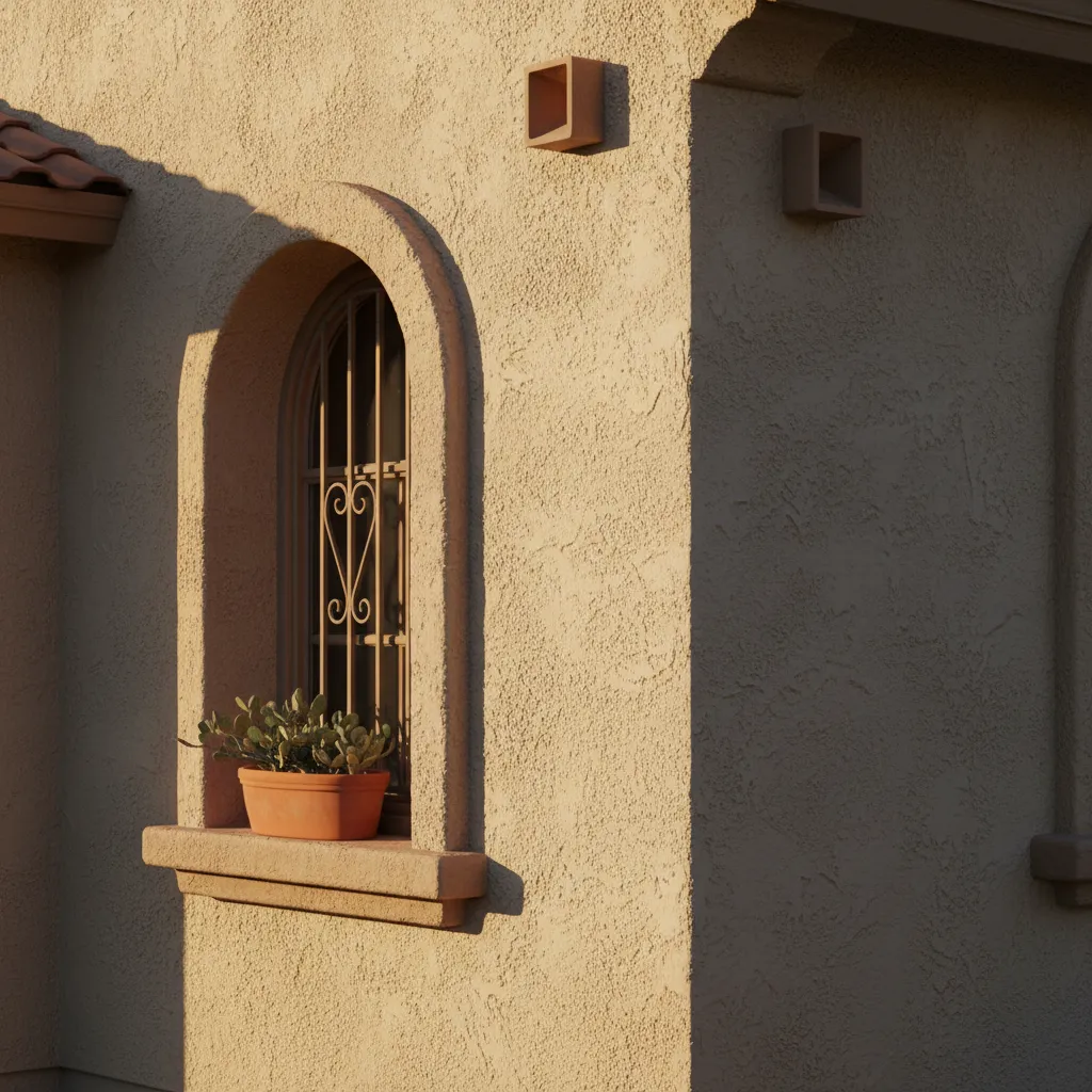 Stucco house wall under strong sunlight showing exposure conditions