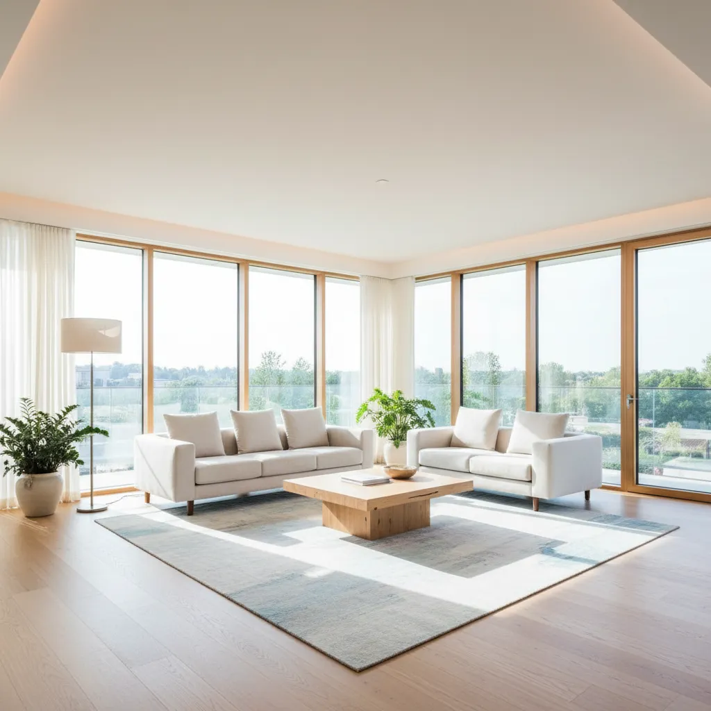 living room with large sunlit windows demonstrating solar heat gain affecting cooling load