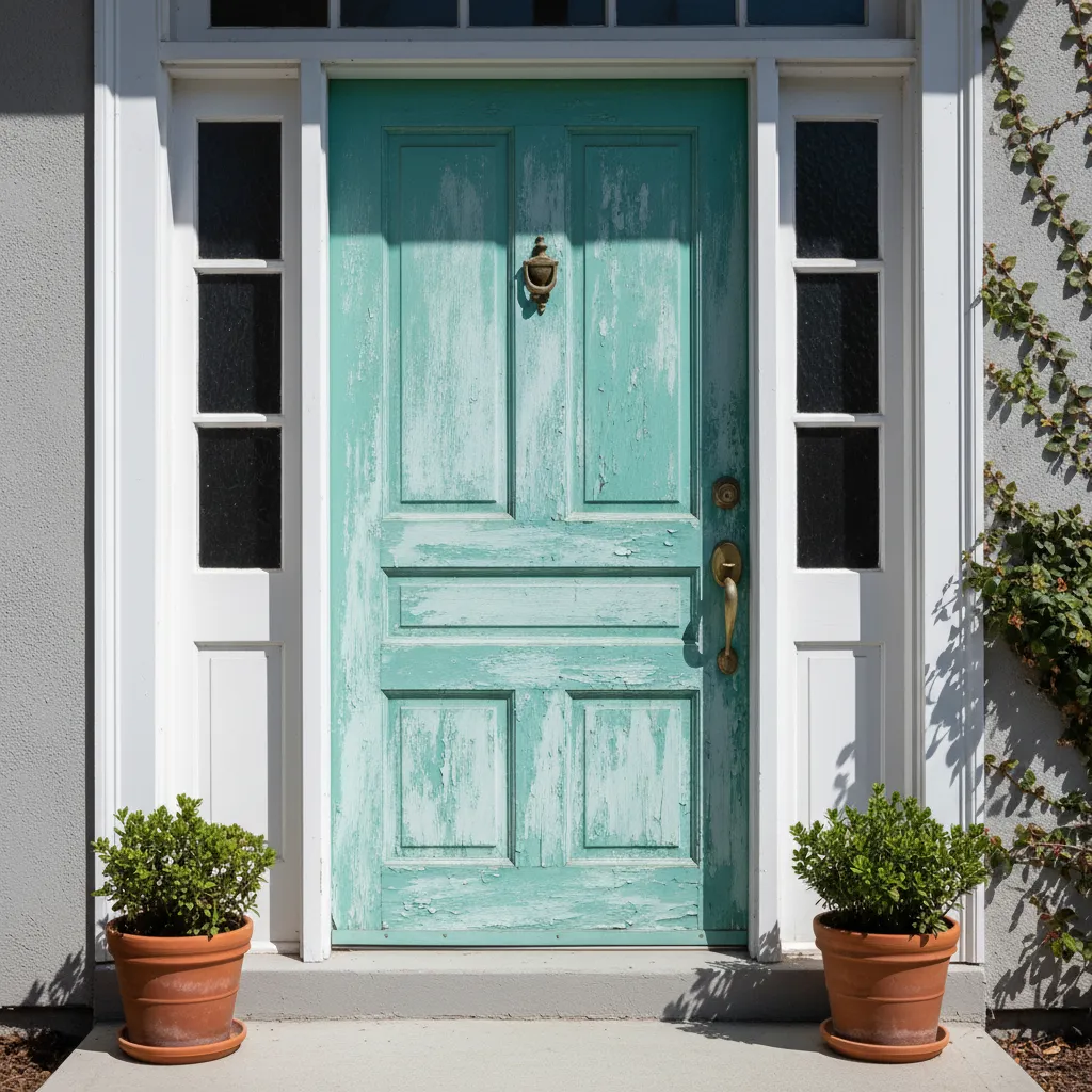 front door with visibly faded paint caused by prolonged sunlight exposure
