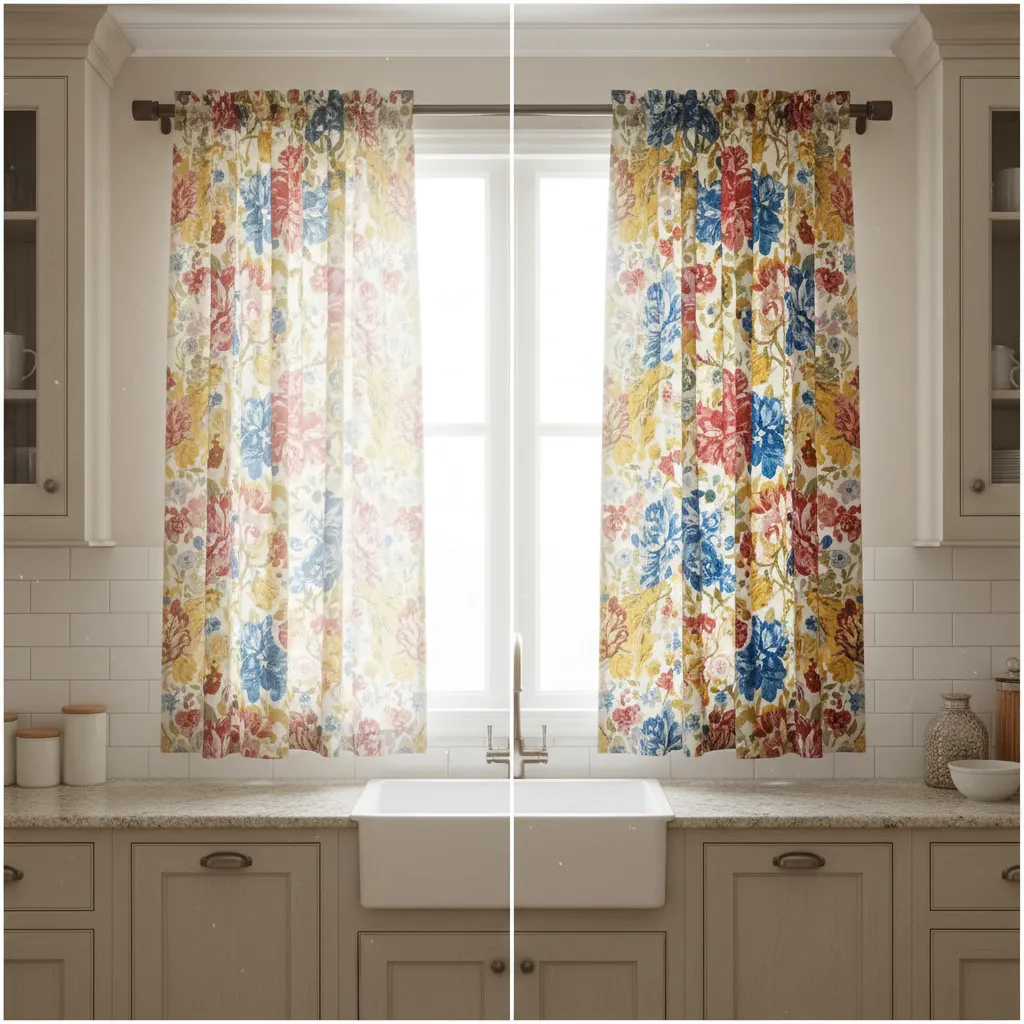 comparison of faded and protected kitchen curtain fabric from sunlight