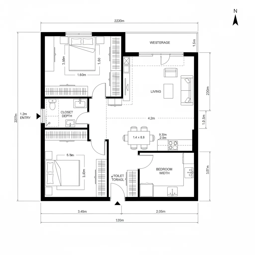 Top-down CAD plan showing a ventilated gallery spine buffering a west-facing living hub and terrace
