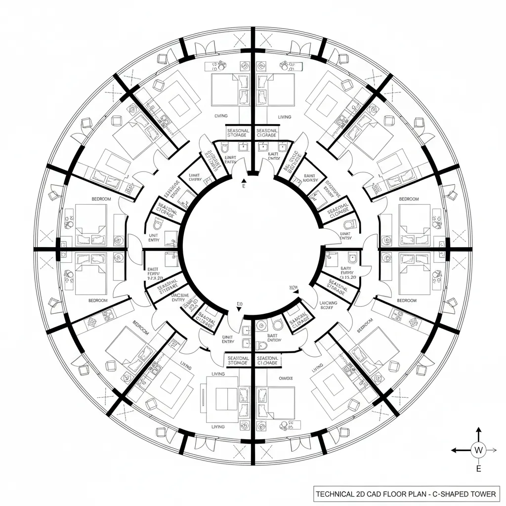 Top-down CAD plan of east-west oriented wings with foyer-to-living sequence