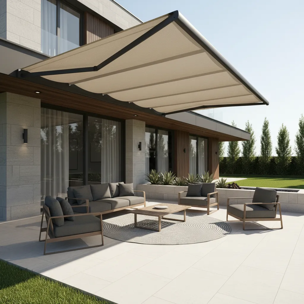 Backyard patio with fabric awning providing shade during sunny weather