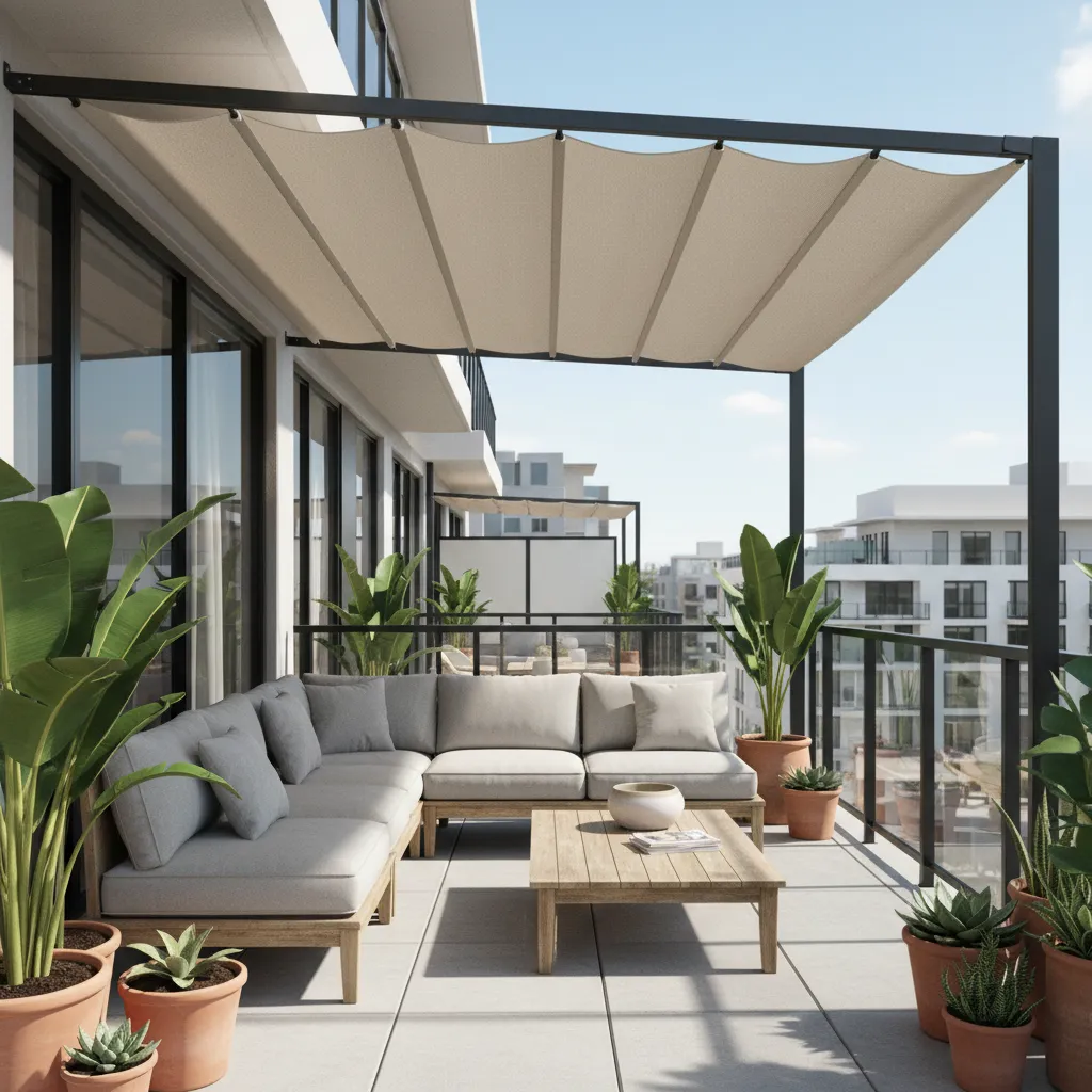 Terrace balcony with shade canopy and outdoor seating area
