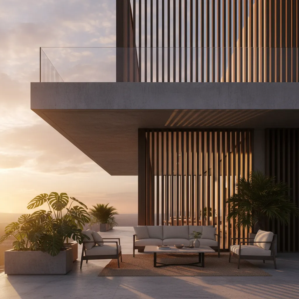 Modern outdoor balcony with sofa chairs coffee table rug green plants and vertical wooden slats