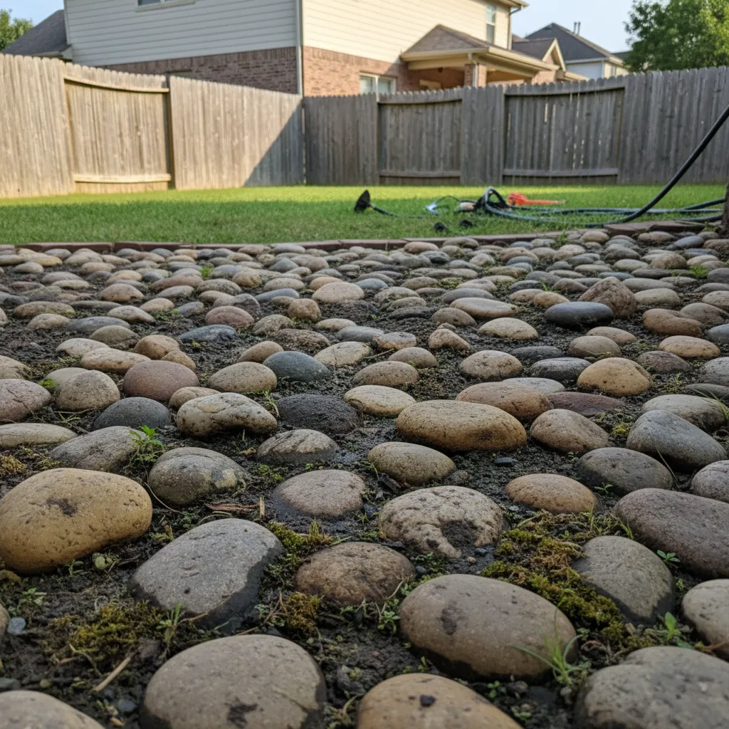 decorative garden rocks partially sunk into soil showing long term landscape bed problem