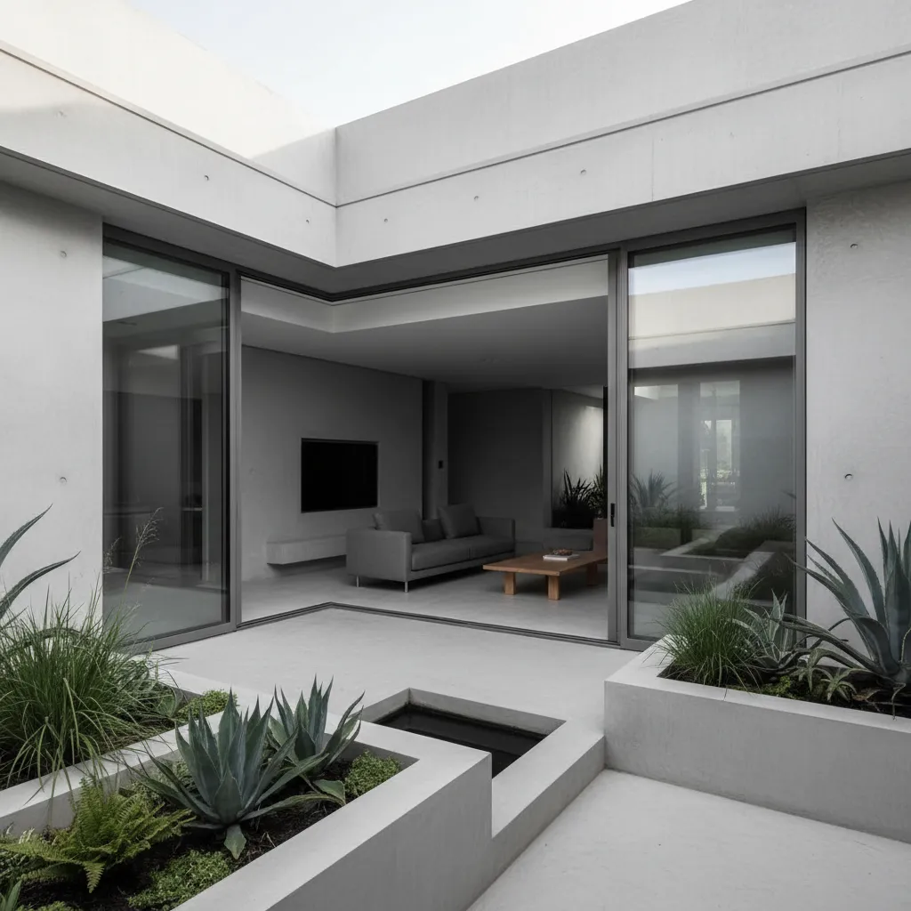 Patio hundido que aporta luz natural a un sótano moderno