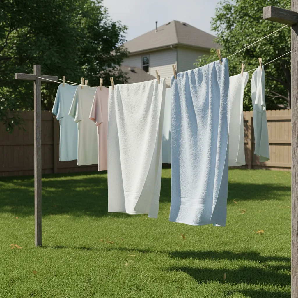 Outdoor clothesline with shirts drying in bright sunlight and breeze