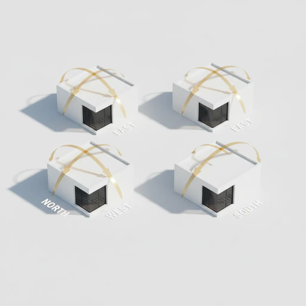 Architectural diagram showing sunlight direction for east west north and south facing homes