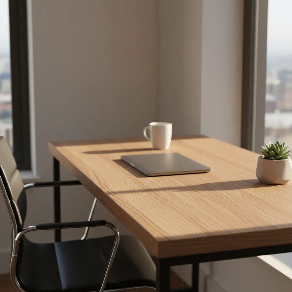 close view of wood and laminate desk surfaces placed near bright window light in a home office