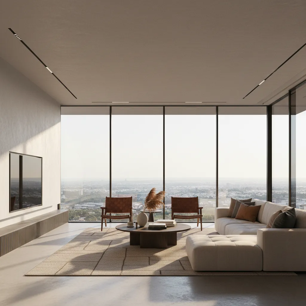 Large living room with strong sunlight entering through big windows increasing heat load