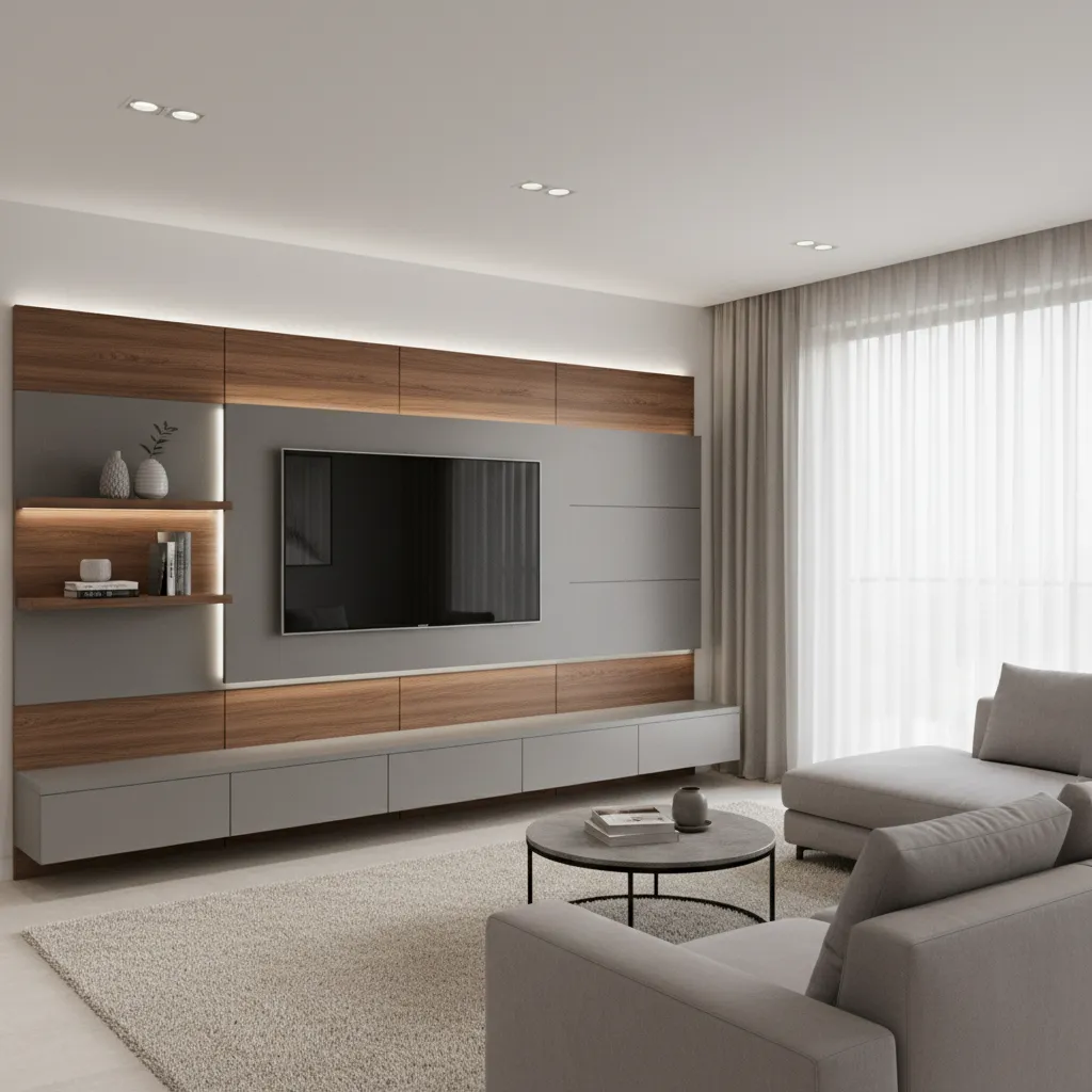 Layered laminate Sunmica TV wall with floating panel and LED lighting