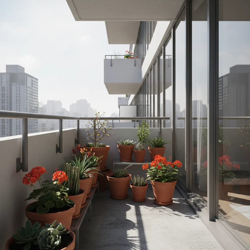 Small apartment balcony garden exposed to strong sunlight with potted plants