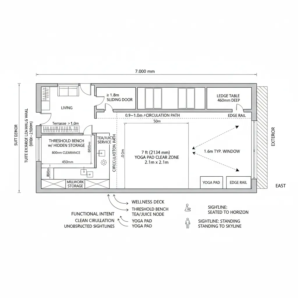 2D floor plan layout showing living area, yoga space, storage cabinets, and a tea station