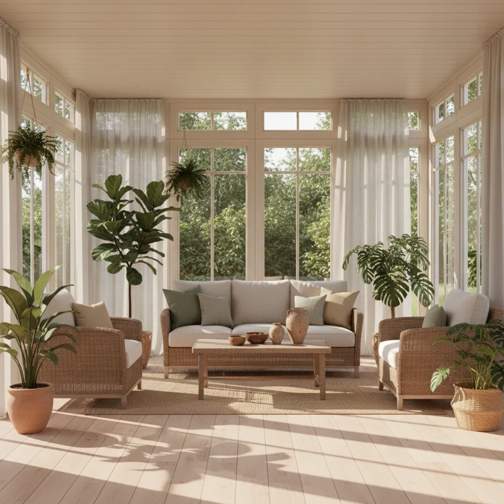 Bright sunroom using outdoor wicker furniture indoors