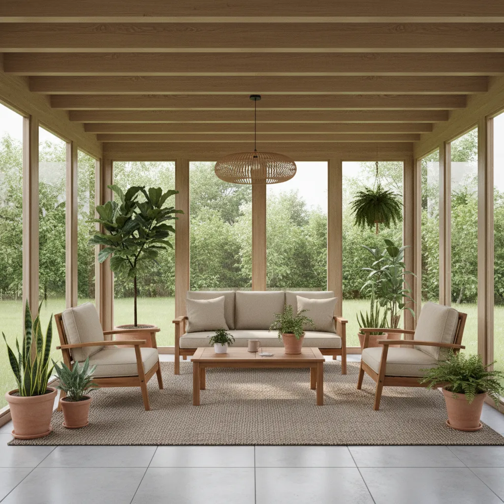 sunroom interior using teak outdoor furniture with plants and natural light