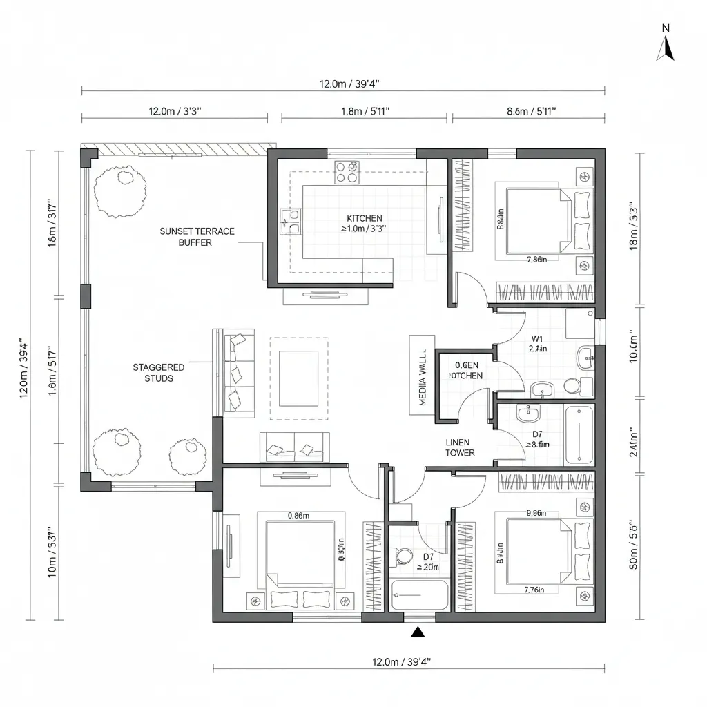 Top-down plan with west terrace buffer and acoustically isolated bedrooms