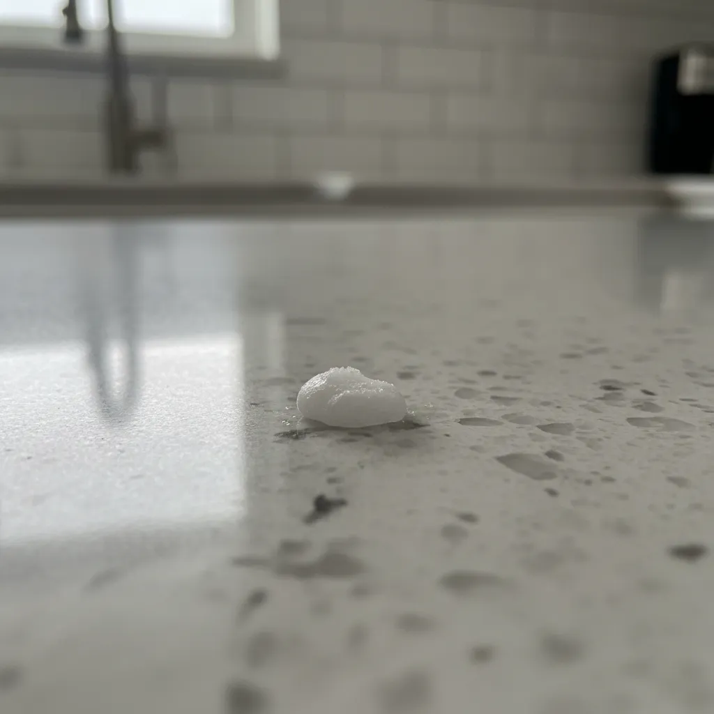 Small dried drop of super glue on a light colored kitchen countertop surface