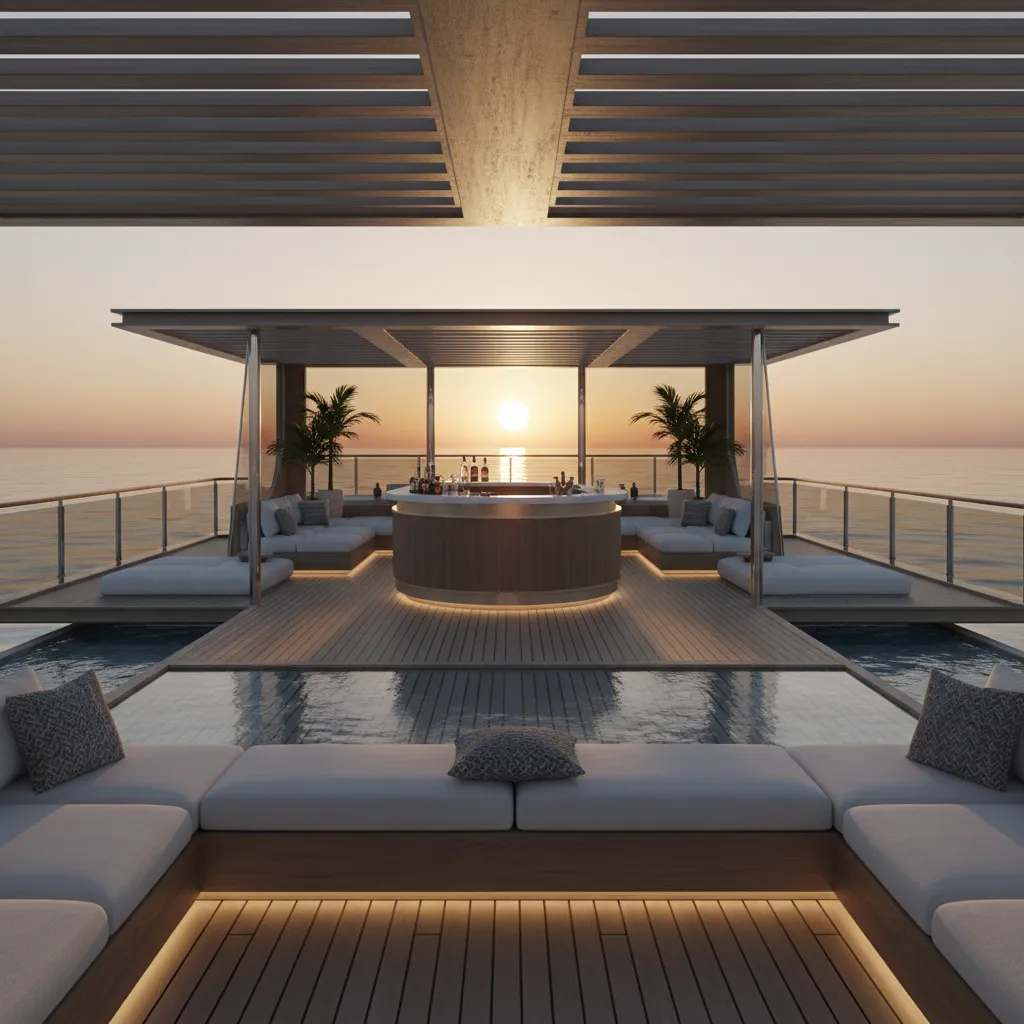 modern super yacht beach club with open sea terrace and lounge area