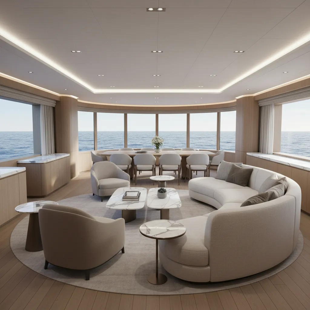 luxury super yacht main salon with panoramic ocean windows and modern seating