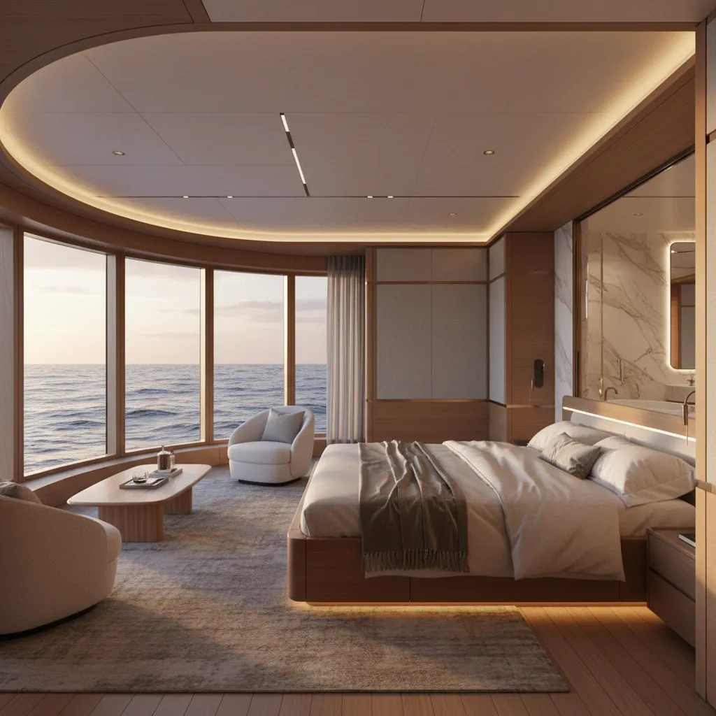 luxury owner suite on a super yacht with panoramic windows and private lounge