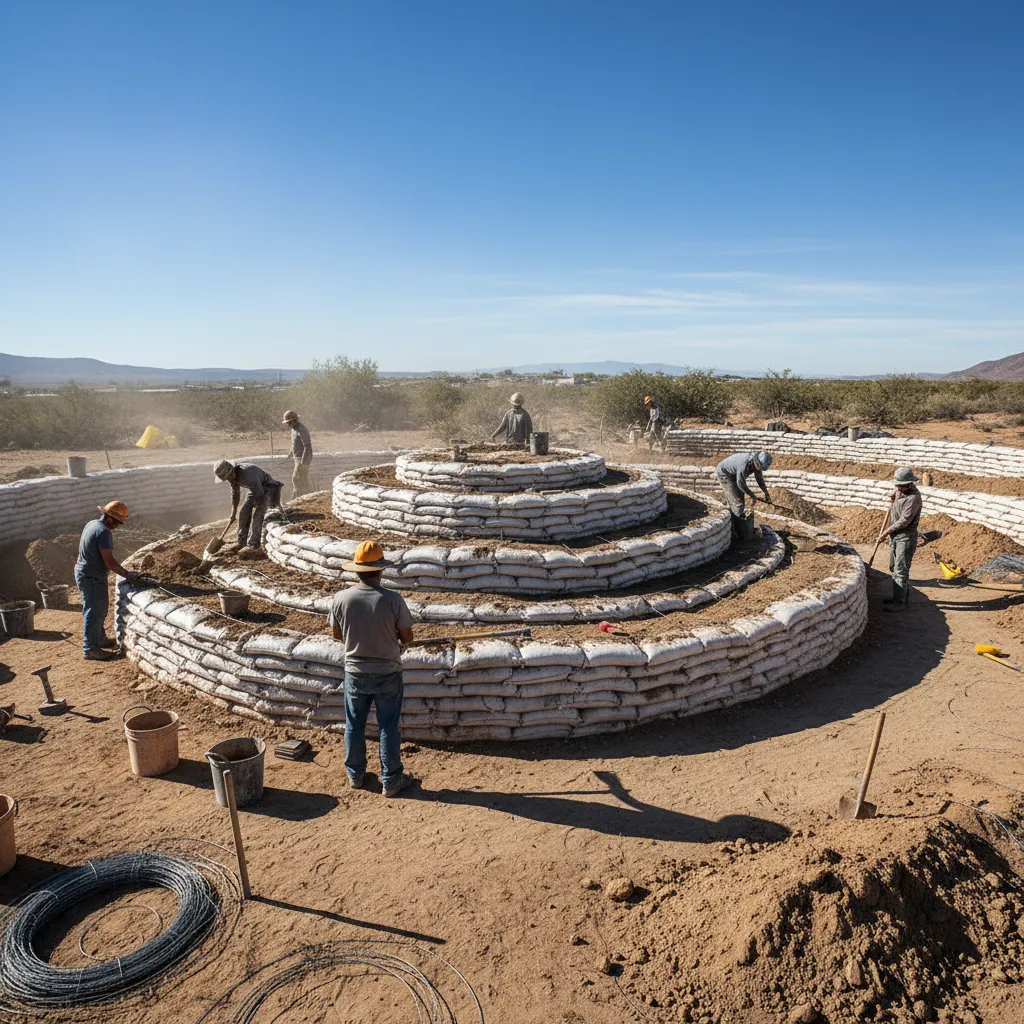 Proceso de construcción de muros de superadobe con sacos de tierra