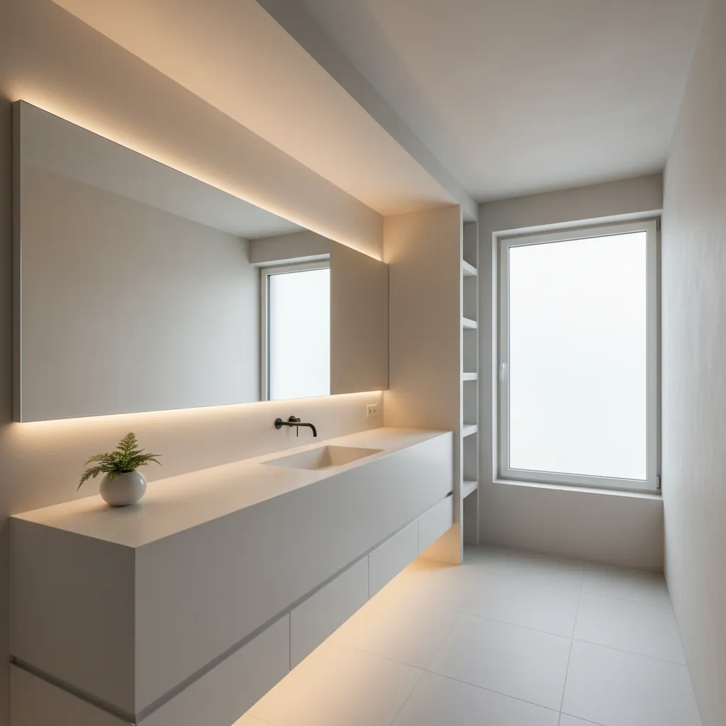 Baño moderno con lavabo de superficie sólida sin juntas