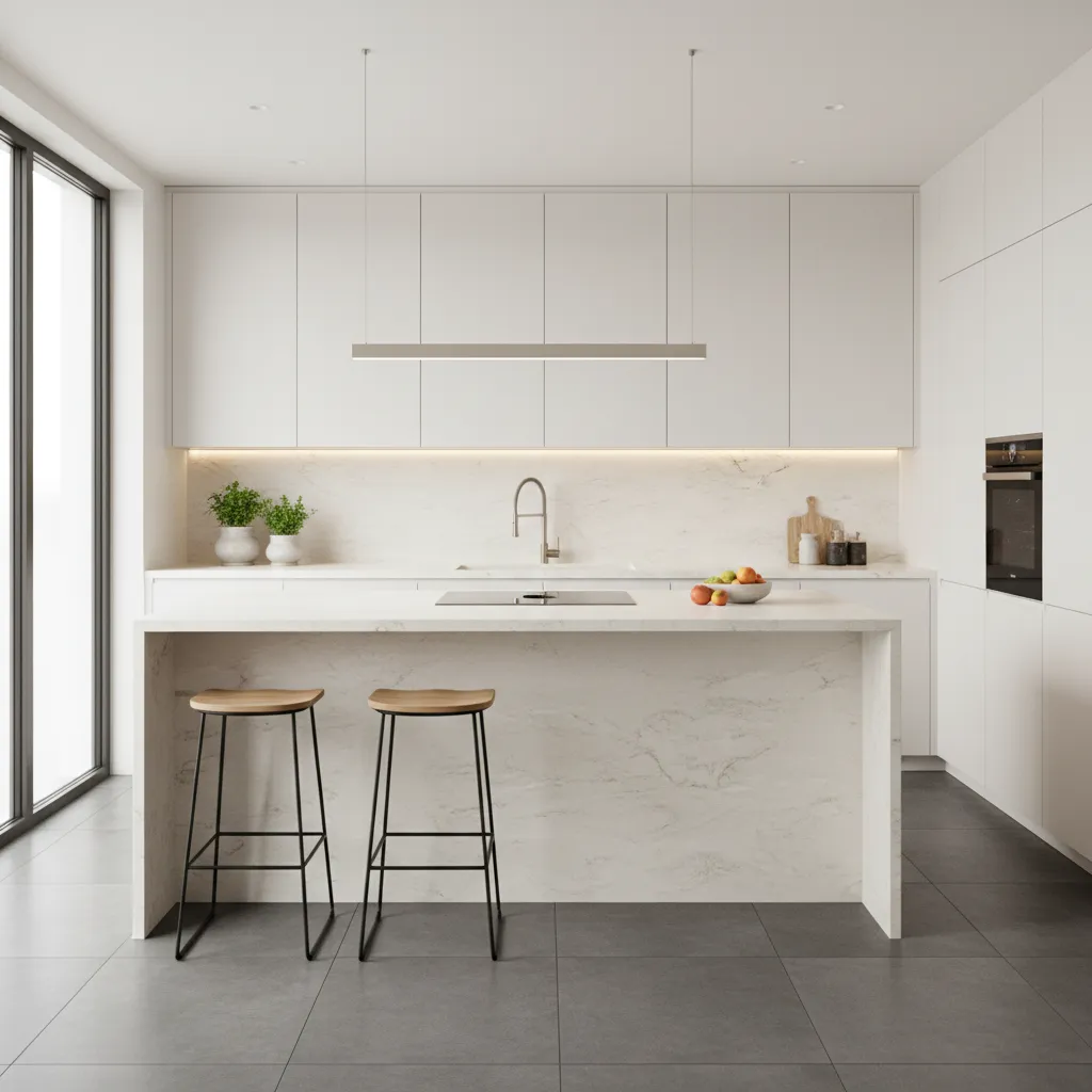 Cocina moderna con encimera de superficie ultracompacta y diseño minimalista