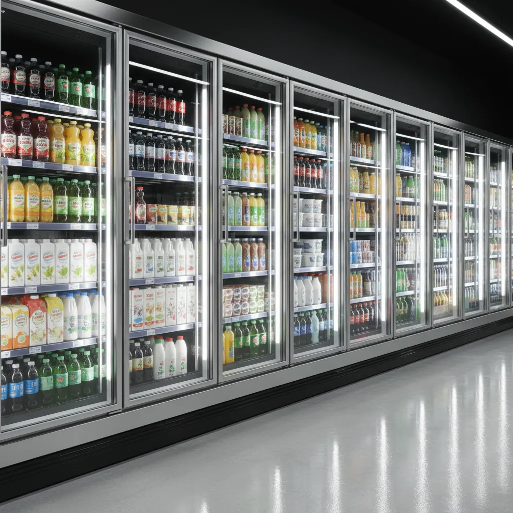 Row of glass door refrigerated display cabinets in a modern grocery store