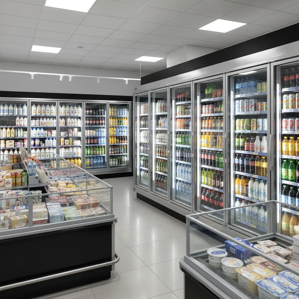 Retail aisle with multiple refrigerated display cabinets showing beverages and dairy